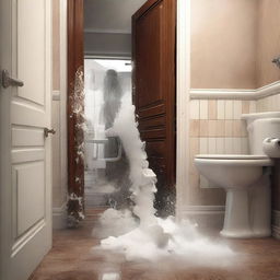 A high-quality digital art image depicting an intense scene of an Italian bathroom being stormed