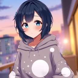 An anime girl with short shoulder-length dark blue hair styled in soft waves, adorned with a small blue hairpin on the left side