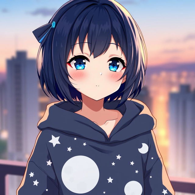 An anime girl with short shoulder-length dark blue hair styled in soft waves, adorned with a small blue hairpin on the left side