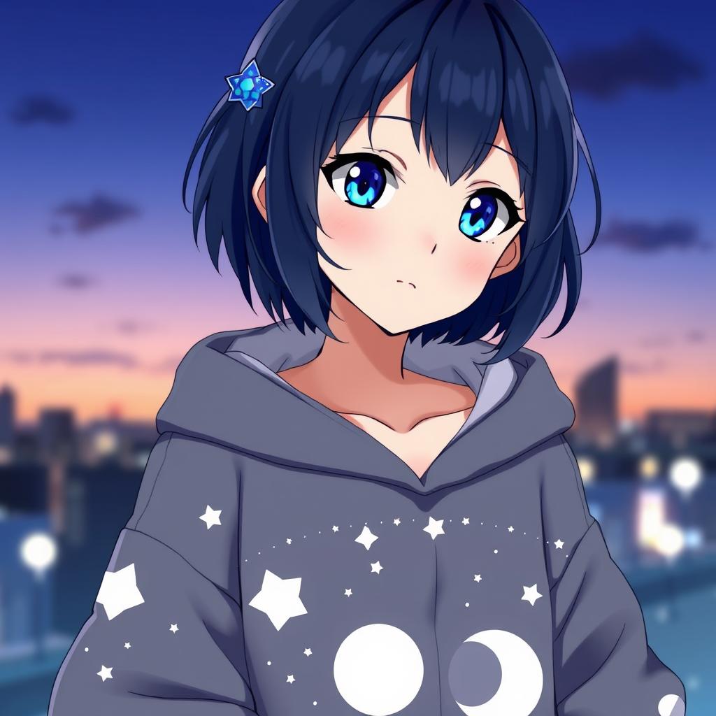 An anime girl with short shoulder-length dark blue hair styled in soft waves, adorned with a small blue hairpin on the left side