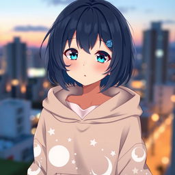 An anime girl with short shoulder-length dark blue hair styled in soft waves, adorned with a small blue hairpin on the left side