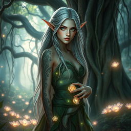 A stunning high-resolution portrait of a mystical female elf standing in an enchanted forest, surrounded by glowing flowers and magical lights