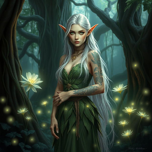 A stunning high-resolution portrait of a mystical female elf standing in an enchanted forest, surrounded by glowing flowers and magical lights