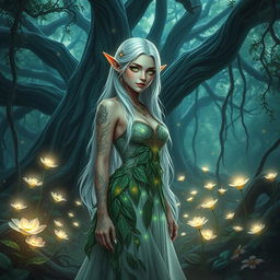 A stunning high-resolution portrait of a mystical female elf standing in an enchanted forest, surrounded by glowing flowers and magical lights