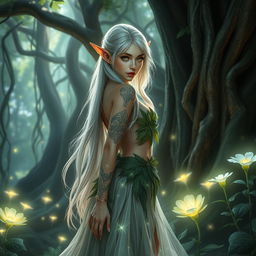 A stunning high-resolution portrait of a mystical female elf standing in an enchanted forest, surrounded by glowing flowers and magical lights