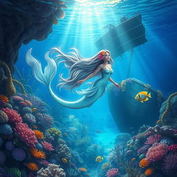 An ethereal underwater scene depicting a graceful mermaid with flowing iridescent scales, long cascading hair adorned with vibrant sea flowers, swimming amidst a coral reef teeming with colorful fish and shimmering underwater plants