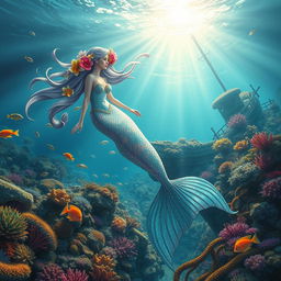 An ethereal underwater scene depicting a graceful mermaid with flowing iridescent scales, long cascading hair adorned with vibrant sea flowers, swimming amidst a coral reef teeming with colorful fish and shimmering underwater plants