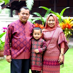 A family consisting of a father, mother, and son dressed in traditional clothing from North Sumatra, Indonesia