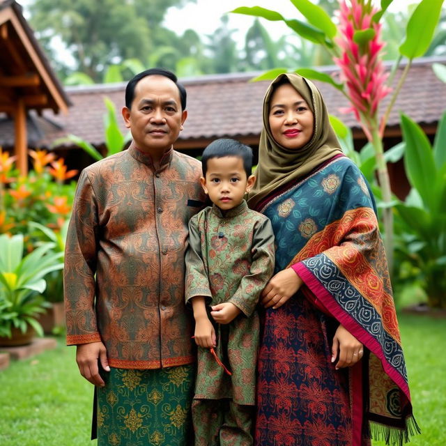 A family consisting of a father, mother, and son dressed in traditional clothing from North Sumatra, Indonesia