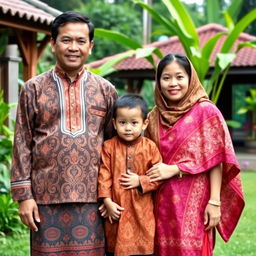 A family consisting of a father, mother, and son dressed in traditional clothing from North Sumatra, Indonesia