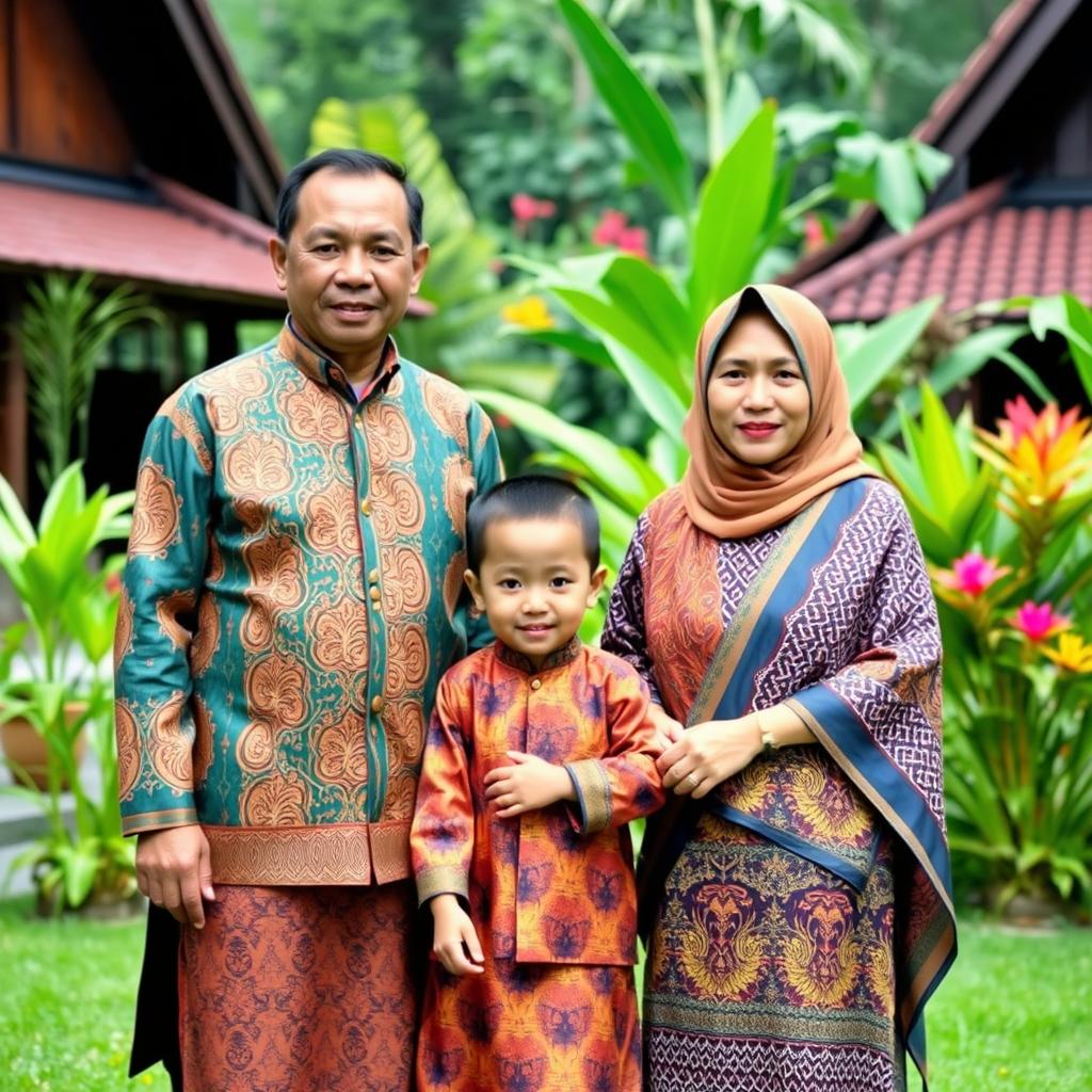 A family consisting of a father, mother, and son dressed in traditional clothing from North Sumatra, Indonesia
