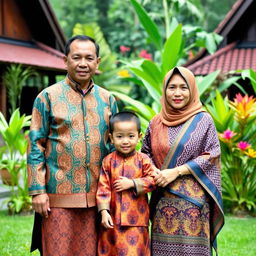A family consisting of a father, mother, and son dressed in traditional clothing from North Sumatra, Indonesia