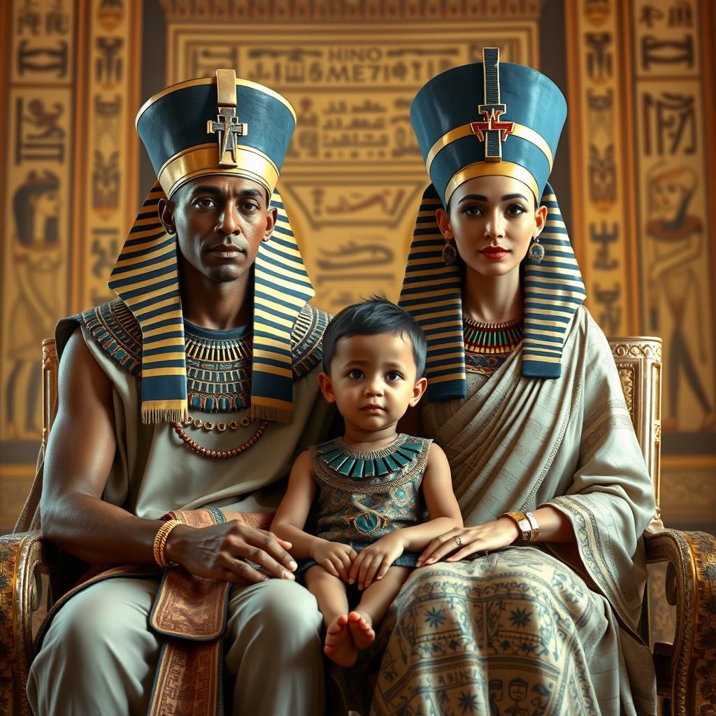 A cinematic scene depicting Akhenaten, the ancient Egyptian pharaoh, dressed in ornate pharaonic robes, with a regal expression on his face