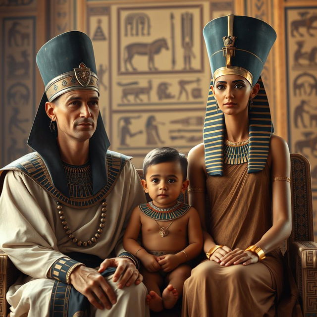 A cinematic scene depicting Akhenaten, the ancient Egyptian pharaoh, dressed in ornate pharaonic robes, with a regal expression on his face