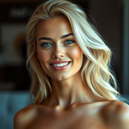 A hyper-realistic portrayal of a sexy blonde supermodel with a perfect face and flirtatious smile
