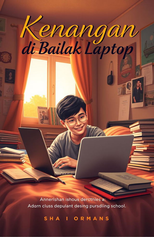 A captivating book cover featuring a student studying online in their bedroom, surrounded by books and a laptop