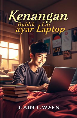 A captivating book cover featuring a student studying online in their bedroom, surrounded by books and a laptop