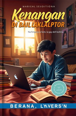 A captivating book cover featuring a student studying online in their bedroom, surrounded by books and a laptop