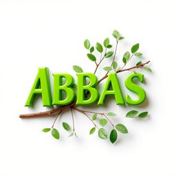 A three-dimensional word 'ABBAS' in vibrant green color, artistically intertwined with a branch of tree leaves, creating a harmonious and natural look