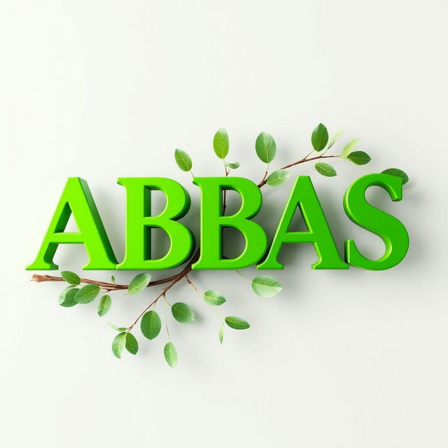 A three-dimensional word 'ABBAS' in vibrant green color, artistically intertwined with a branch of tree leaves, creating a harmonious and natural look