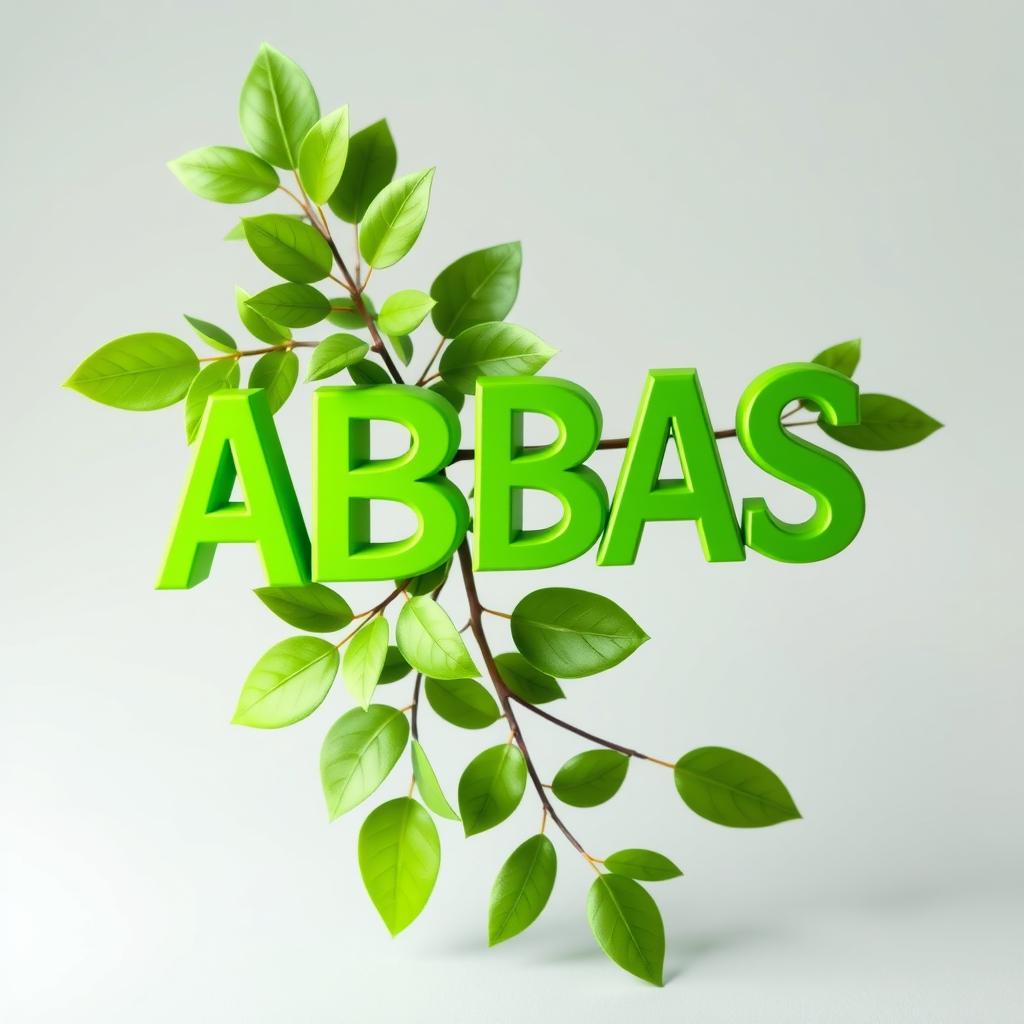 A three-dimensional word 'ABBAS' in vibrant green color, artistically intertwined with a branch of tree leaves, creating a harmonious and natural look