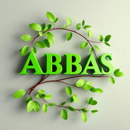 A three-dimensional word 'ABBAS' in vibrant green color, artistically intertwined with a branch of tree leaves, creating a harmonious and natural look