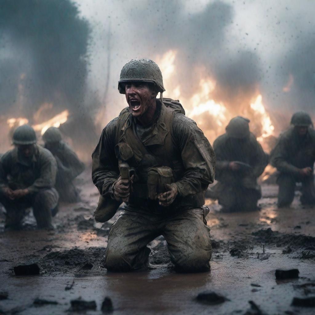 Create a hyperrealistic, 4K HD image of a soldier kneeling and screaming, surrounded by fallen comrades, amid mud, dirt, and fire, under a torrential downpour, capturing the raw emotions and grim realities of war