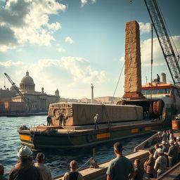An engaging depiction of the transportation process of an ancient obelisk, showcasing the intricate logistics involved