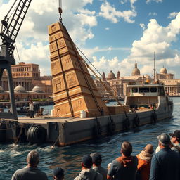 An engaging depiction of the transportation process of an ancient obelisk, showcasing the intricate logistics involved