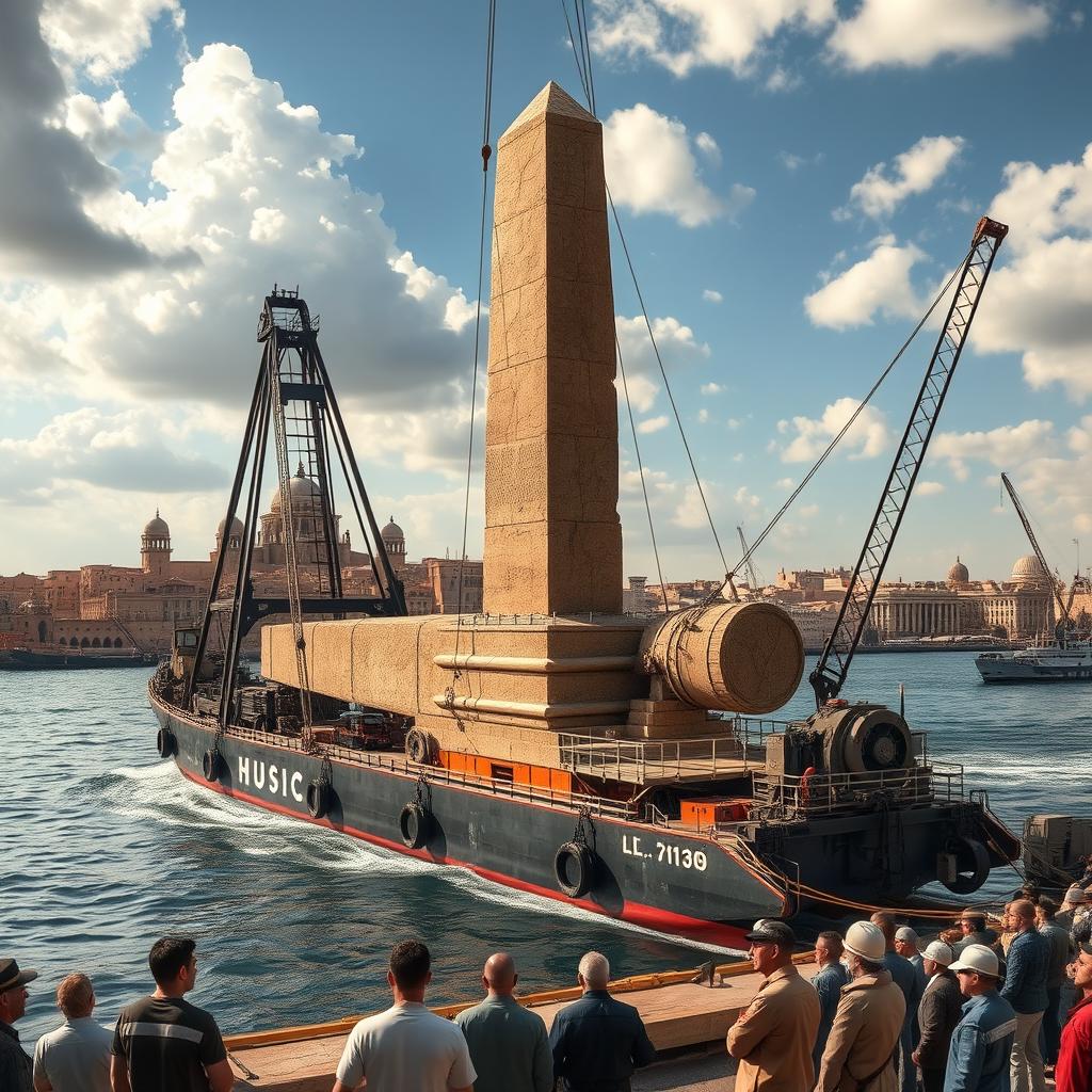 An engaging depiction of the transportation process of an ancient obelisk, showcasing the intricate logistics involved