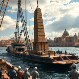 An engaging depiction of the transportation process of an ancient obelisk, showcasing the intricate logistics involved