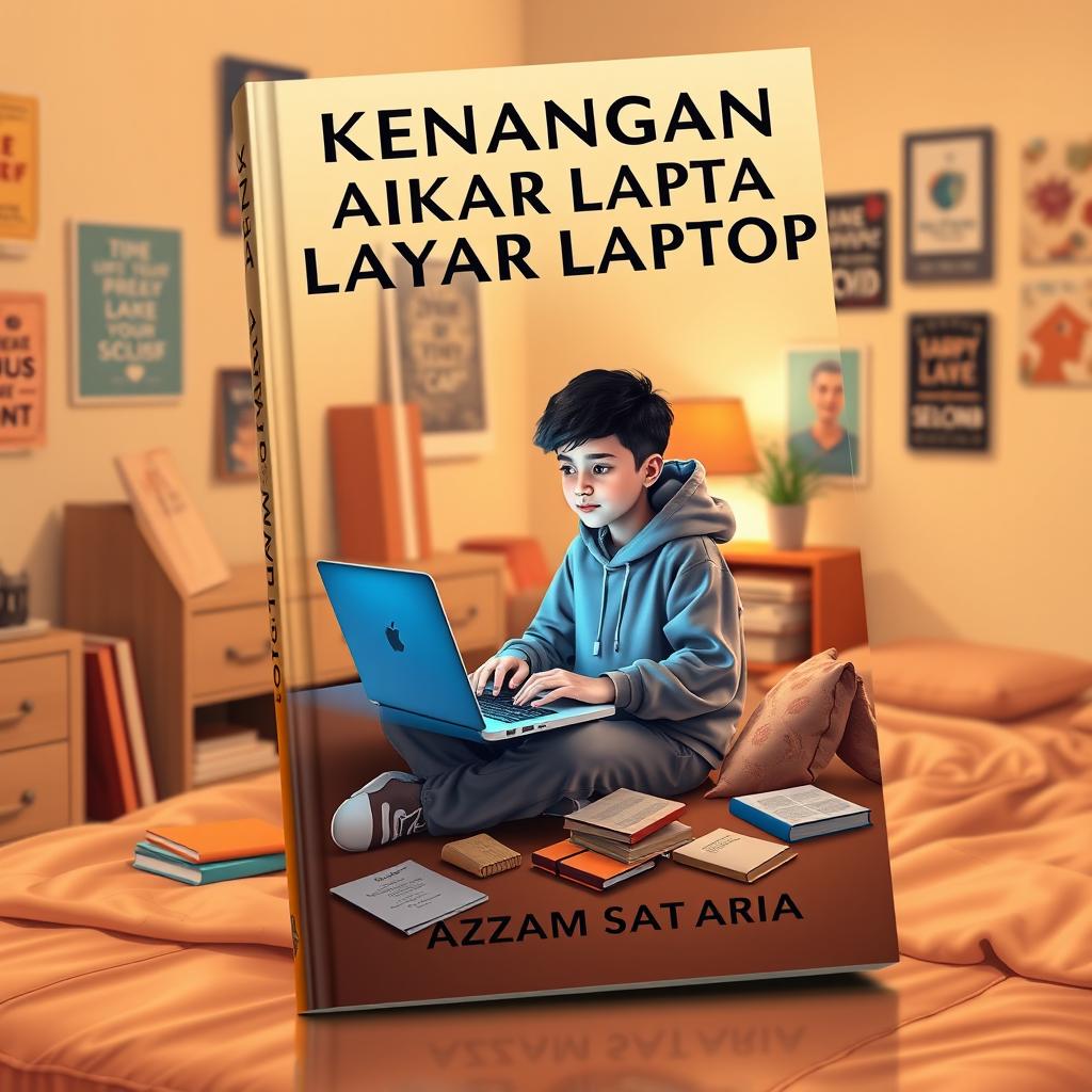 A captivating book cover design for 'Kenangan di Balik Layar Laptop' by Writer Azzam Satria