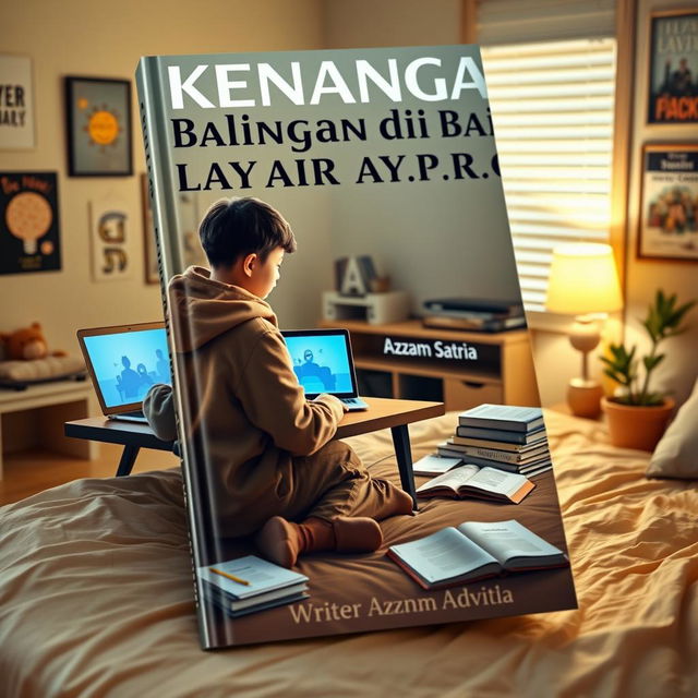 A captivating book cover design for 'Kenangan di Balik Layar Laptop' by Writer Azzam Satria