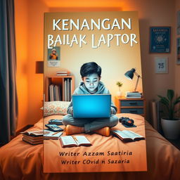 A captivating book cover design for 'Kenangan di Balik Layar Laptop' by Writer Azzam Satria