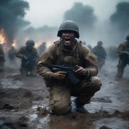 Create a hyperrealistic, 4K HD image of a soldier kneeling and screaming, surrounded by fallen comrades, amid mud, dirt, and fire, under a torrential downpour, capturing the raw emotions and grim realities of war