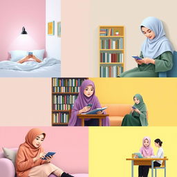 A cozy scene featuring five female students in different locations, each wearing a hijab, engaged in texting on their phones