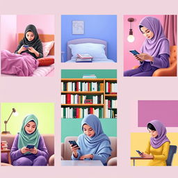 A cozy scene featuring five female students in different locations, each wearing a hijab, engaged in texting on their phones