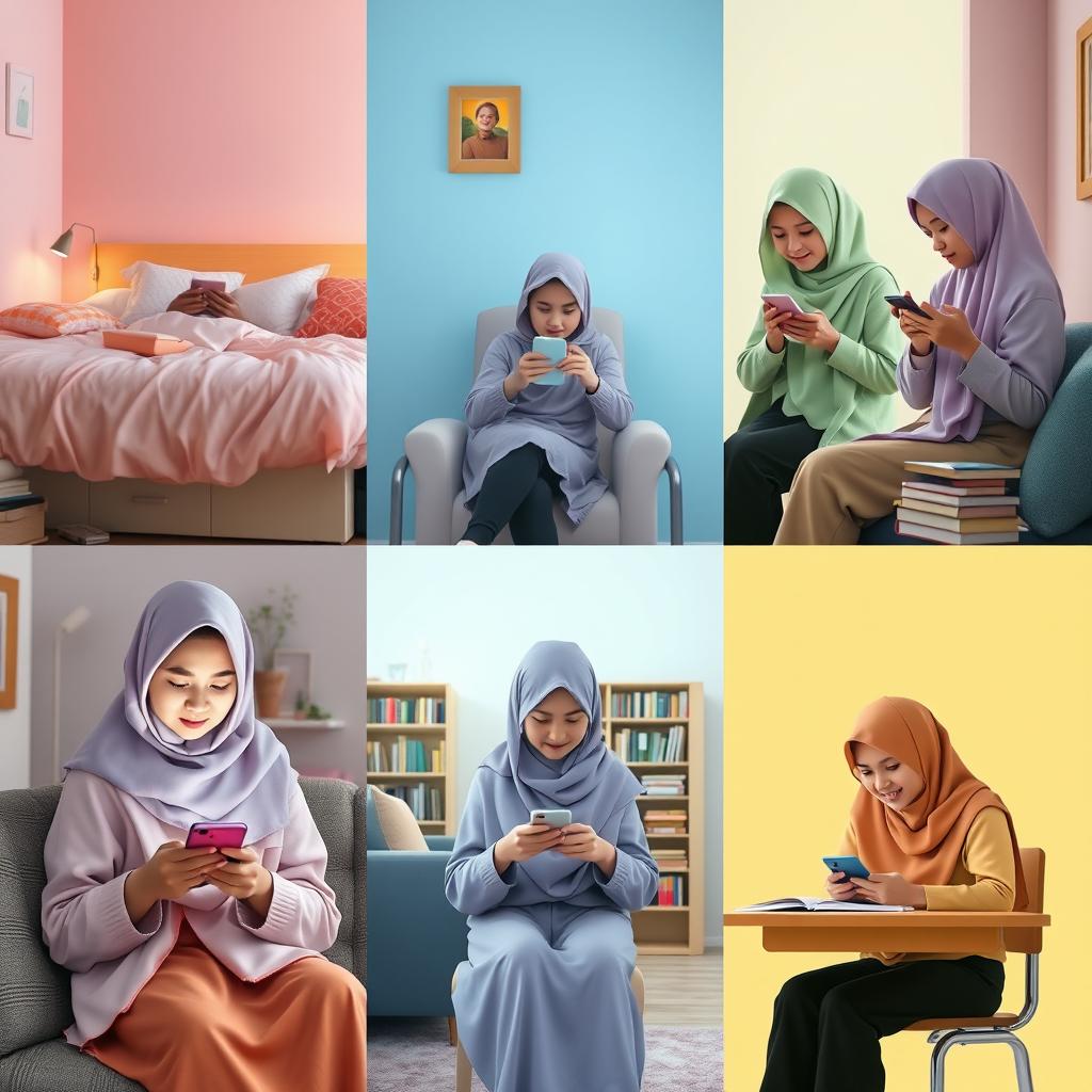 A cozy scene featuring five female students in different locations, each wearing a hijab, engaged in texting on their phones
