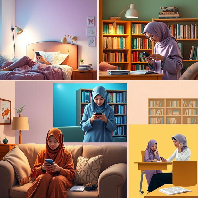 A cozy scene featuring five female students in different locations, each wearing a hijab, engaged in texting on their phones