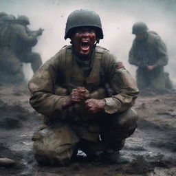 Create a hyperrealistic, 4K HD image of a soldier kneeling and screaming, surrounded by fallen comrades, amid mud, dirt, and fire, under a torrential downpour, capturing the raw emotions and grim realities of war