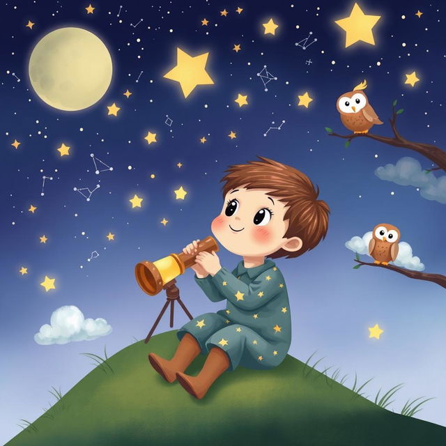 A charming illustration of a young child with an enchanted look, sitting on a grassy hill under a vast starry night sky filled with constellations