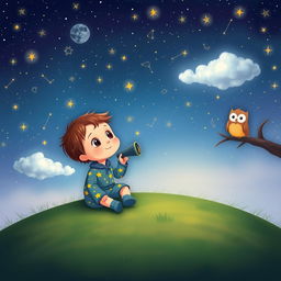 A charming illustration of a young child with an enchanted look, sitting on a grassy hill under a vast starry night sky filled with constellations
