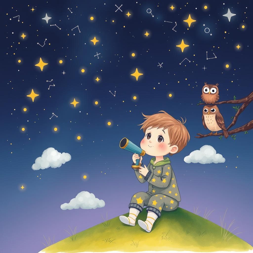 A charming illustration of a young child with an enchanted look, sitting on a grassy hill under a vast starry night sky filled with constellations