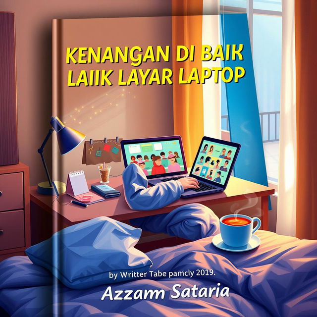 A visually striking book cover for 'Kenangan di Balik Layar Laptop' by Writer Azzam Satria