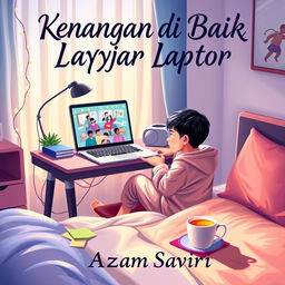 A visually striking book cover for 'Kenangan di Balik Layar Laptop' by Writer Azzam Satria
