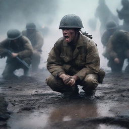 Create a hyperrealistic, 4K HD image of a soldier kneeling and screaming, surrounded by fallen comrades, amid mud, dirt, and fire, under a torrential downpour, capturing the raw emotions and grim realities of war