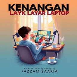 A visually striking book cover for 'Kenangan di Balik Layar Laptop' by Writer Azzam Satria