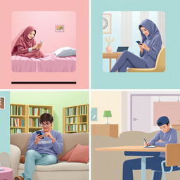 A cozy scene featuring five students in different locations, each engaging in texting on their phones