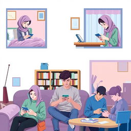 A cozy scene featuring five students in different locations, each engaging in texting on their phones
