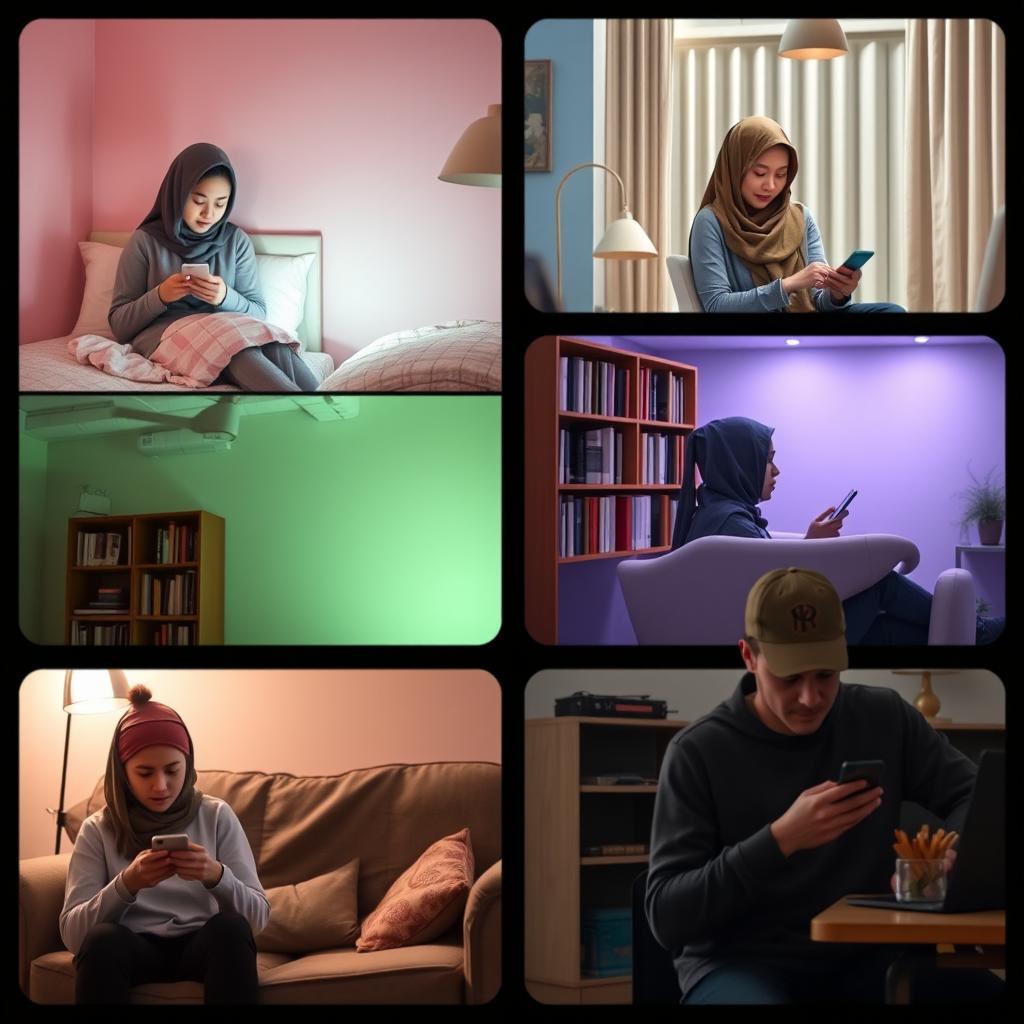 A cozy scene featuring five students in different locations, each engaging in texting on their phones